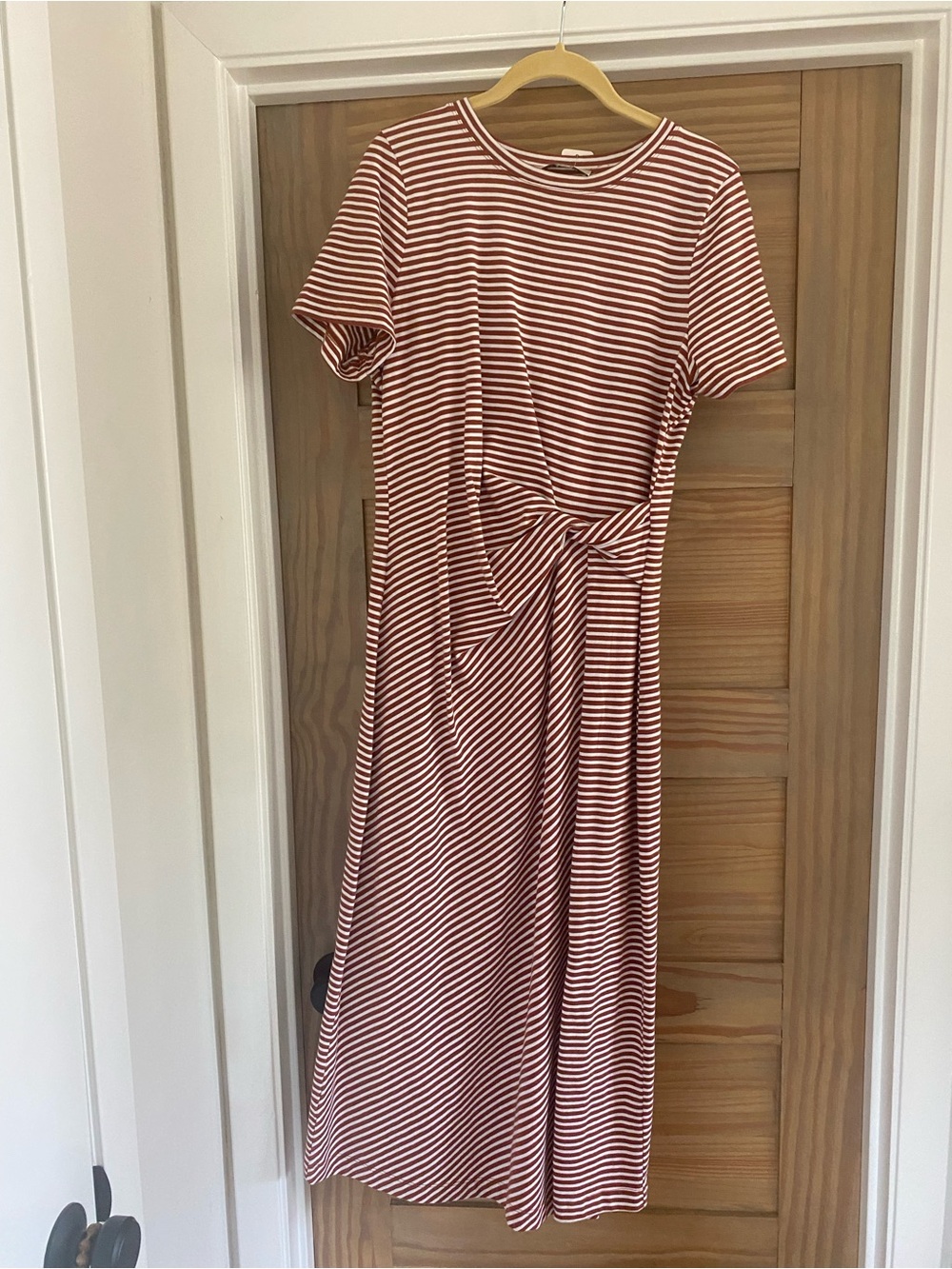 LOFT Rust and White Striped Tie-Front Midi Dress